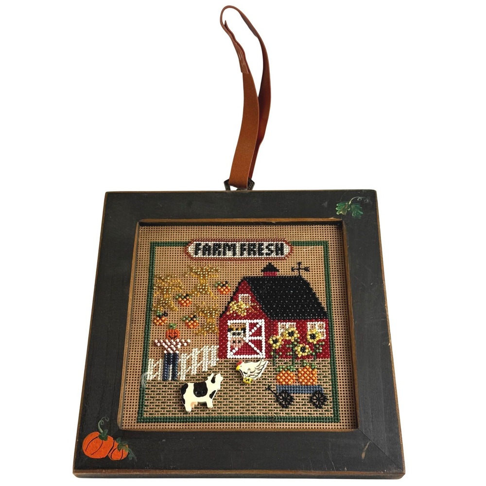 Finished Cross Stitch Fall Pumpkin Scarecrow Farm Fresh Framed Art 7.5x7.5